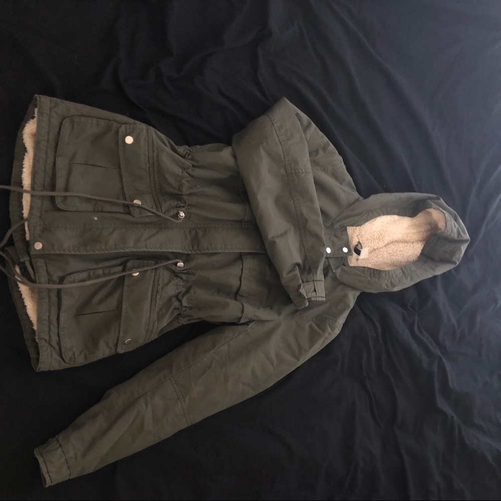 H&M Navy green winter jacket, fur inside